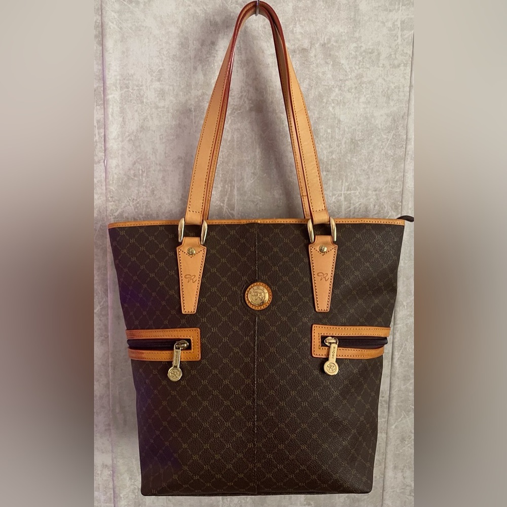 Rioni Signature Brown Monogram Canvas Tall Tote Shopper Handbag Purse Two-Tone